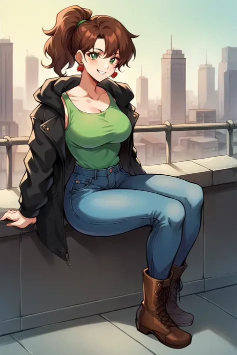 1 Girl, Kino Makoto, green eyes, BrowN hair, ponytail hairstyle, EARRInGS, ROSE EArRINGs, ReD EARRINGS, LARGE BOOBS, WIDE HIPS, MUsLOS GRUESOS, LOOKiNG AT VIeWEr, GENTLe SMile, BLACK JACKET, LEaTHE JACKeT, GREEN TOP, TIGHT BLUE JEAnS, BROWN BOOTS, CITY BaC...