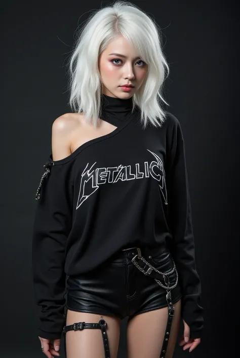 Create a girl, Asian face , Pretty rocker girl,  black clothing with Metallica logo,,  slim body,  small bust,  small buttocks, girl face,  blue eyes,  white hair .  high quality, cinematic,  Detailed . the best pose