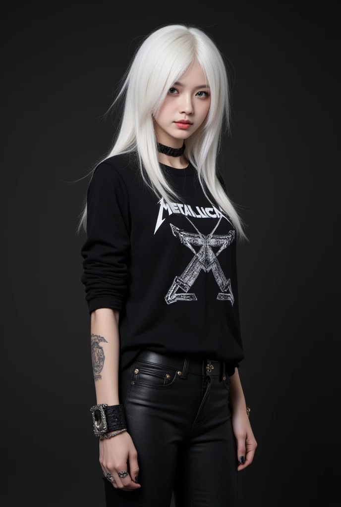 Create a girl, Asian face , Pretty rocker girl,  black clothing with Metallica logo,,  slim body,  small bust,  small buttocks, girl face,  blue eyes,  white hair .  high quality, cinematic,  Detailed . the best pose