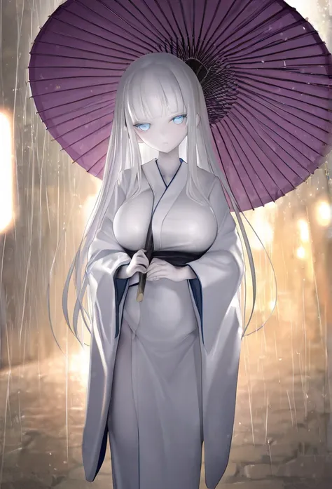 kaede (sayappa); pefect hands; 1girl; albino; very white skin; very pale skin; very thin girl; petite girl; very large naked breasts; white hair; straight hair; long hair; hime cut; white eyebrows; light blue eyes; emotionless; kimono; streat lights; eveni...