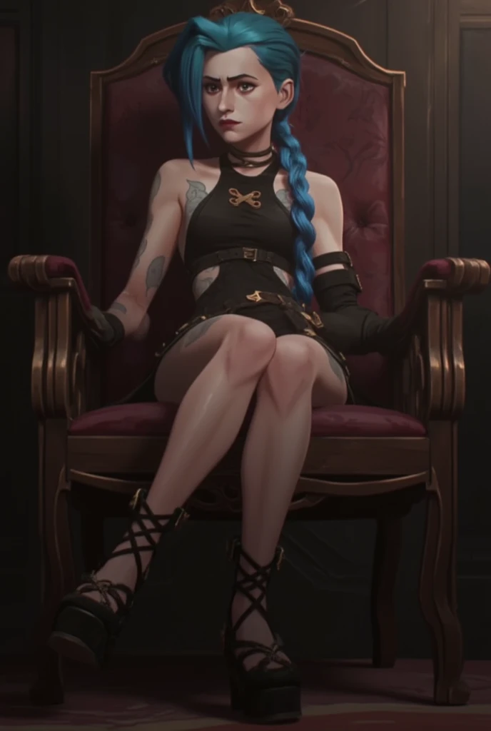 Jinx,  in her room ,  Seated view of the spectator,   blue hair,  perfect face, with thick thighs and well-defined long legs, perfect. elegant and short black dress, fitted to the torso with a pronounced neckline showing parts of her breasts, The elegant b...