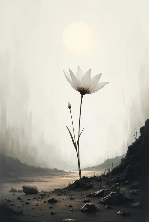 Abstract painting single white simple flower bloom from very unfertilze land that full of fire and pebbles, under moon light