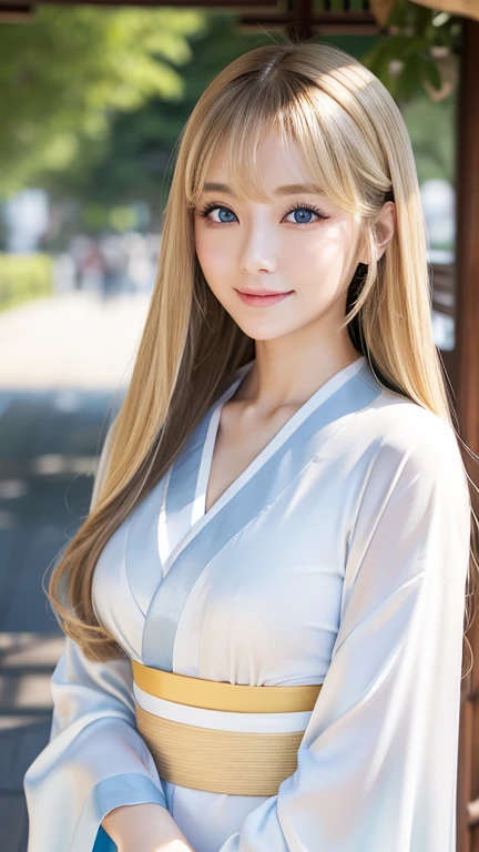  clear ,   The wind is blowing through my white, porcelain-like, shiny skin、（ very smiling）, wind blows through her hair ,  hide her beautiful face .、  cute sexy ,  small,  Take a dynamic pose for the 、 Shining,  very beautiful straight blond hair 、 dancin...