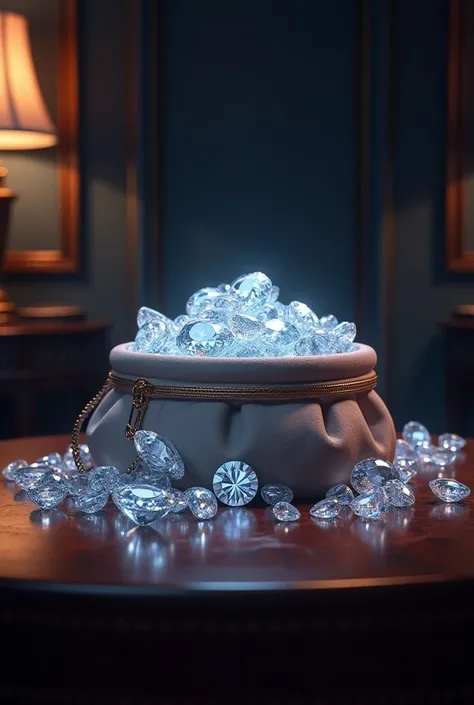 there is a bag full of diamonds on a table