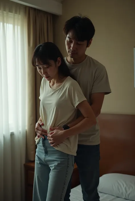 （（（ real 、live-action、reality、）））A Japanese man wearing an unbranded t-shirt and jeans grabbed a Japanese 40-year-old woman's waist from behind and became unable to move、 hotel room