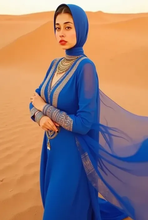 a beautiful Moroccan woman in the desert, long flowing hair, intricate Moroccan jewelry, warm desert light, dramatic sand dunes, cinematic composition, hyper detailed, photorealistic, 8K, highly detailed face, piercing eyes, perfectly rendered skin, flowin...