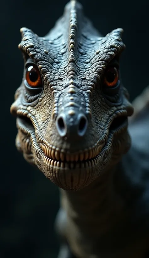 Close-up of the Dilophosaurus’ eyes, intelligent and menacing.