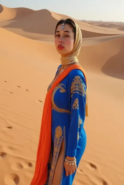 a beautiful Moroccan woman in the desert, long flowing hair, intricate Moroccan jewelry, warm desert light, dramatic sand dunes, cinematic composition, hyper detailed, photorealistic, 8K, highly detailed face, piercing eyes, perfectly rendered skin, flowin...