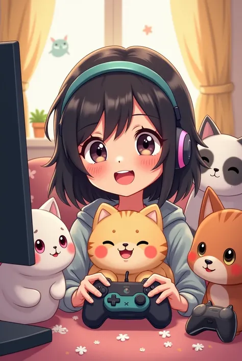 Girl with pets gamer cutesy drawing not realistic with black medium hair