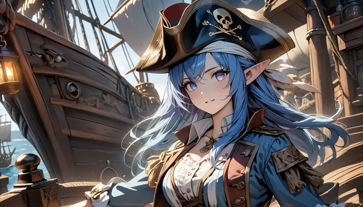 cinematic lighting, UHD, ((masterpiece)), super detail, (detailed eyes, detailed face), high quality, highres, high details, Pirate, Captain, blue Hair, Elf, On the pirate ship