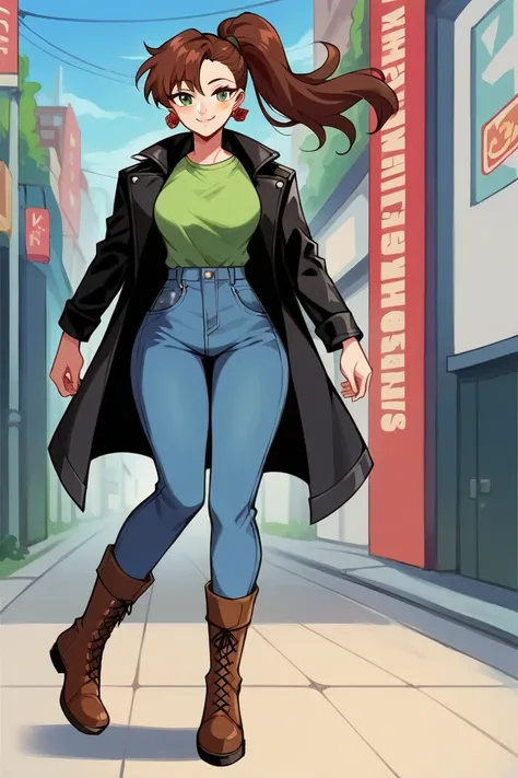 1 Girl, Kino Makoto, green eyes, BrowN hair, ponytail hairstyle, EARRInGS, ROSE EArRINGs, ReD EARRINGS, LARGE BOOBS, WIDE HIPS, MUsLOS GRUESOS, LOOKiNG AT VIeWEr, GENTLe SMile, BLACK JACKET, LEaTHE JACKeT, GREEN TOP, TIGHT BLUE JEAnS, BROWN BOOTS, CITY BaC...