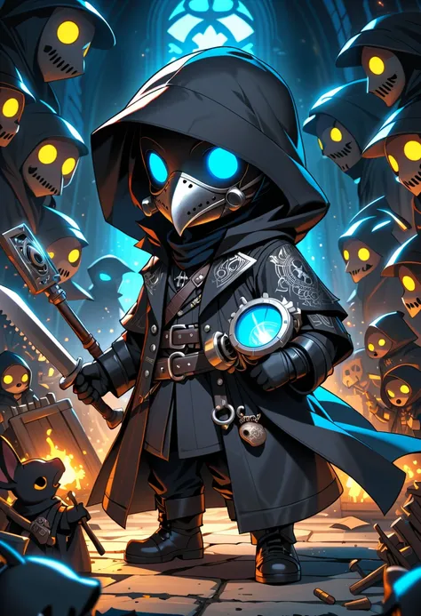 (masterpiece, best quality),(ultra highres, ultra-detailed),pop-style,chibi,chibi-boy,solo ,he holds a large mechanical saw,at medival Magical dungeon,BREAK (male scientist,(wearing plague-doctor costume,plague-doctor mask),eyes glow blue,black hood,black ...