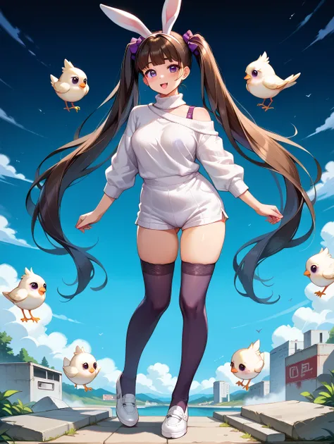 score_9, score_8_up, score_7_up, source_anime,
surreal, 
1girl, chic, {{dark brown Long Hair}}, long sideburns, twintails in the back of head, purple bows on twintails, light tan skin, pansexual colors on, white bunny ears, purple iris on right eye, white ...