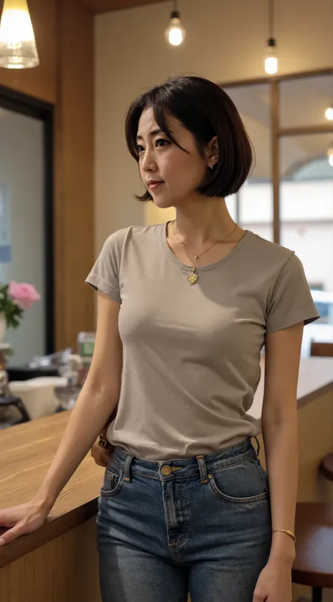   Japanese women 、40 years old、 My face is slightly wrinkled  、   feels old 、  slender body 、  very small breasts in the toilet bowl、 wearing T-shirts and jeans 、 showing belly 、 Order coffee at Crossleg in a stylish café、   I brush his hair  、  very short...