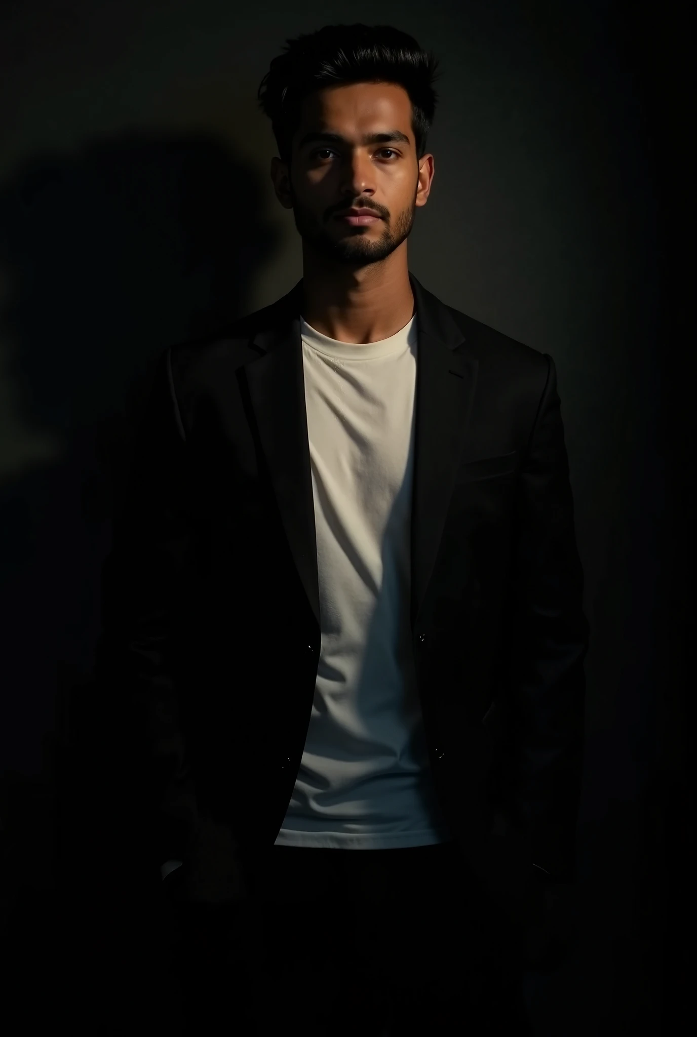 Create a highly realistic portrait of a 20-year-old Bangladeshi man standing in a dark room. He should be wearing a black blazer and awhite shirt. The lighting should be dramatic, with a focus on highlighting his handsome face and a light stubble giving hi...