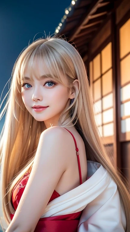  clear ,   The wind is blowing through my white, porcelain-like, shiny skin、（ very smiling）, wind blows through her hair ,  hide her beautiful face ,  small,  Take a dynamic pose for the 、 Shining,  very beautiful straight blond hair 、 dancing in front of ...