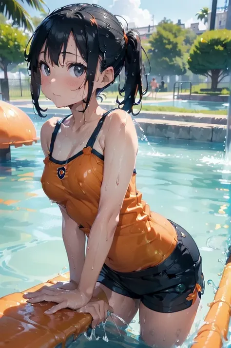 ( wet with slimy liquid:1.4),(Orange swimsuit (( Orange Camisole)), navy blue piping trim),( navy blue shorts), black hair,(Water play area in the park:1.2),(Forward leaning pose:1.4),Honeycomb,