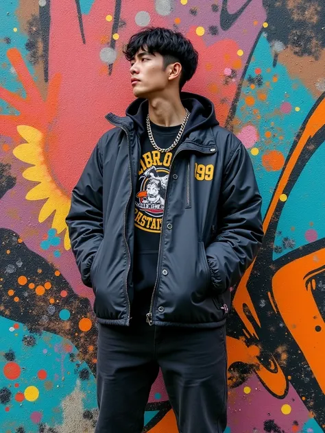 Close attention to korean man standing up,wearing hip-hop clothing，Hip-hop style，Energetic Street art murals，Expressive Graffiti，Bold colors，City Fashion，Intricate details，vivid street scenes，City Culture，Art beyond life，Rough texture，EnergeticHip-hop styl...