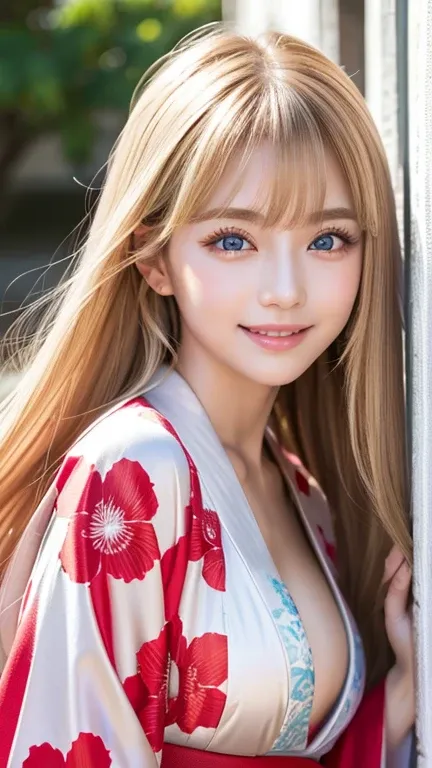  clear ,   The wind is blowing through my white, porcelain-like, shiny skin、（ very smiling）, wind blows through her hair ,  hide her beautiful face ,  small,  Take a dynamic pose for the 、 Shining,  very beautiful straight blond hair 、 dancing in front of ...