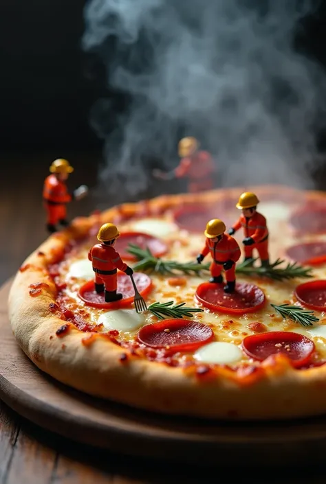 A hyper-realistic scene of a perfectly perfectly baked pizza ,laden with pepperoni and melted mozzarella cheese, is the central subject.  smoke rising with a rich aroma, Multiple realistic miniature tiny figures, construction workers in bright orange safet...