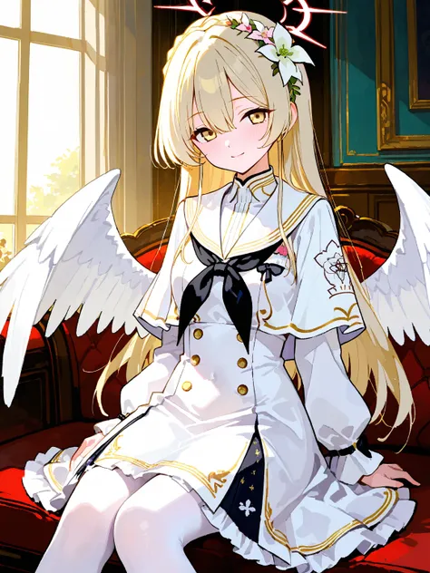 1girl,Kirifuji Nagisa\(Blue Archive\),long hair,blonde hair,yellow eyes,halo,bangs,hair flower,hair ornament,hair between eyes, 
,BREAK white wings,black_neckerchief,dress,long sleeves,neckerchief,sailor collar,white_dress,white sailor collar,capelet,panty...