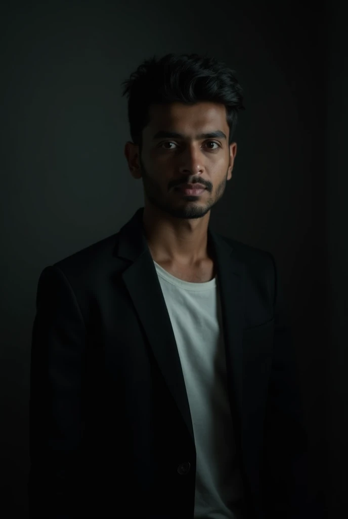 Create a highly realistic portrait of a 20-year-old Bangladeshi man standing in a dark room. He should be wearing a black blazer and awhite shirt. The lighting should be dramatic, with a focus on highlighting his handsome face and a light stubble giving hi...