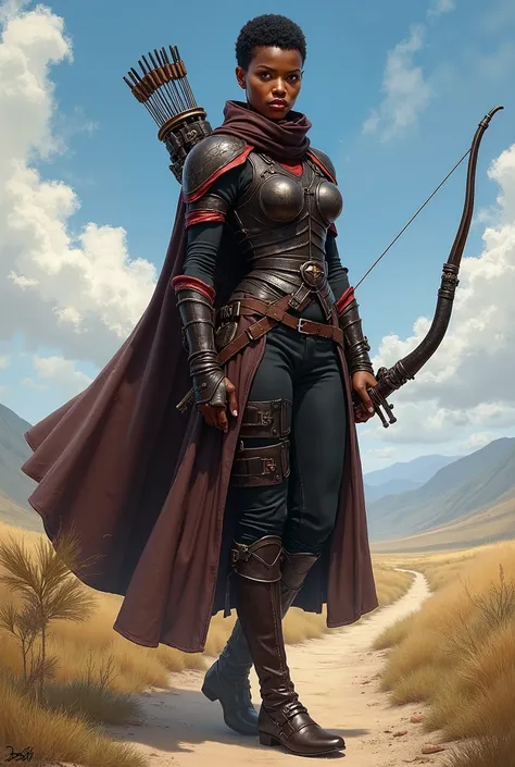 In RPG style, in style of Dungeons & Dragons, in style of fantasy painting. Full body view, looking at the viewer. Image of a female rogue, holding Bow. Dark skin. pixie cut hairstyle. Tight dark leather armor with dark red elements. Dark pants, dark leath...