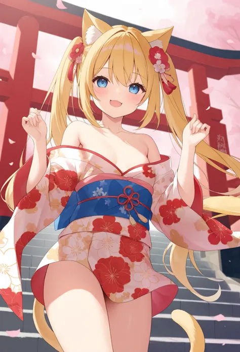  blonde、blue eyes、Cat ears、  cat's tail、  girl   、   small breasts、  twin tails、  girl   、   small breasts、    bright smile、Good physique 、   flat chest 、   girl   、   he's short、   floral kimono、shrine、first visit of the year to a shrine、  thighs、