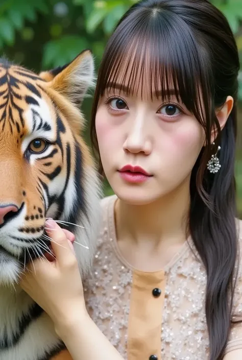   Tiger と触れ合う女性 ,masterpiece,   top quality , 8k, 20 years old, ,    RAW photos ,    absurd ,    Award-Winning Portrait , 笑face, Alone, (  Tiger :1.8), Idol&#39;s face,    delicate girl,    upper body,    dslr ,    Viewer , Frank, Sophisticated,Thin arms, ...