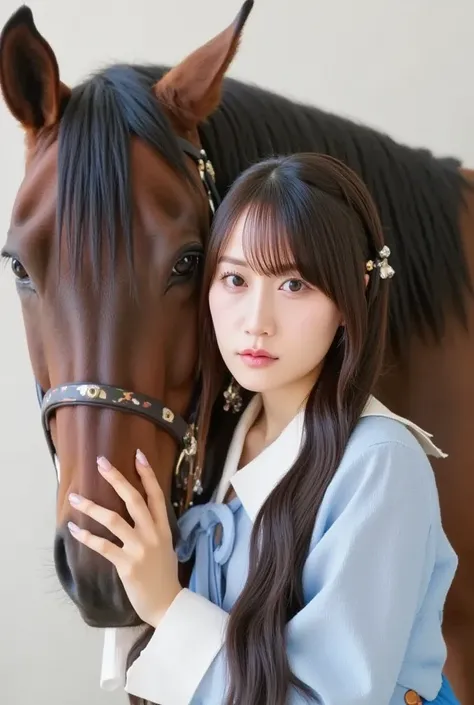   horse と触れ合う女性 ,masterpiece,   top quality , 8k, 20 years old, ,    RAW photos ,    absurd ,    Award-Winning Portrait , 笑face, Alone, (  horse :1.8), Idol&#39;s face,    delicate girl,    upper body,    dslr ,    Viewer , Frank, Sophisticated,Thin arms, ...