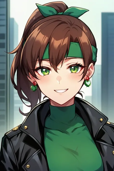 1 Girl, Kino Makoto, green eyes, BrowN hair, ponytail hairstyle, EARRInGS, ROSE EArRINGs, ReD EARRINGS, DOUBLE BALL HEADBAND,LARGE BOOBS, LOOKiNG AT VIeWEr, GENTLe SMile, BLACK JACKET, LEaTHE JACKeT, GREEN TOP, CITY BaCKGRoUND, MId BODY, HALF OPENED EYES