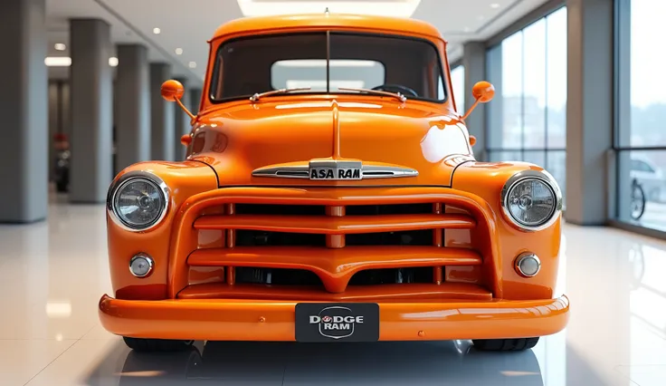 create an ultra-detailed 3D render , close-up front view of modern 1954 Dodge Ram  vintage pickup  with a bold design. The car should feature a 'Gleamy glossy painted Orange color with a prominent 'Dodge Ram' logo on its prominent front , and   headlights ...