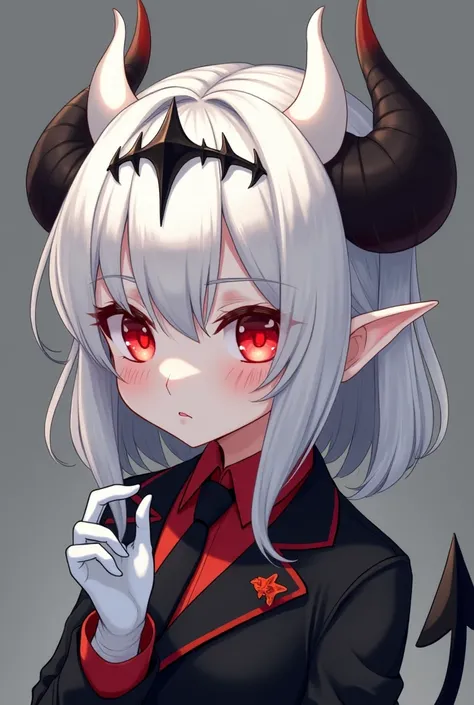  tiara depicts a short demonic girl with pale skin , red irises ,  with a black tail with an arrow at the end and silvery white hair.  Her hair is long and tied at the end ,  and her bangs are held in place by a black spike the .  Her horns are white and j...