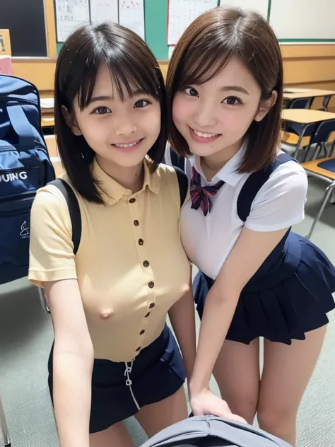 ( high definition)、( High Quality )、( short hair as left eye)、( tight and sleeveless shirt)、( collared shirt)、(shirt with button on the chest )、( miniskirt)、( two Japanese girls )、( bring their faces close to the camera:1.2)、( bring your face close to here...