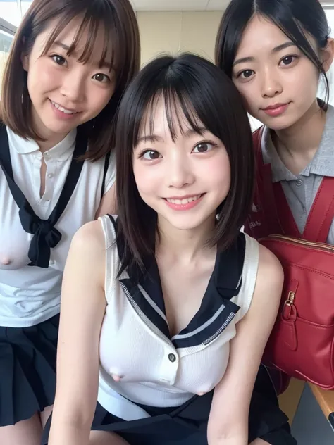 ( high definition)、( High Quality )、( short hair as left eye)、( tight and sleeveless shirt)、( collared shirt)、(shirt with button on the chest )、( miniskirt)、( two Japanese girls )、( bring their faces close to the camera:1.2)、( bring your face close to here...