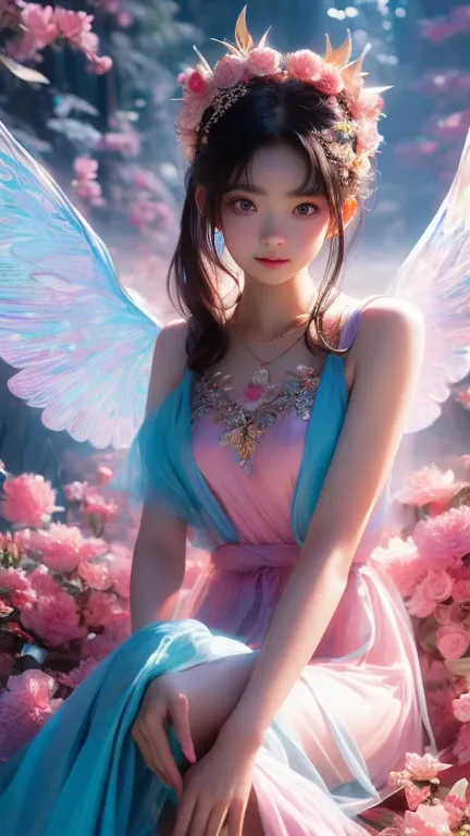 (( best quality )), ((masterpiece)), (particular), having long hair, Perfect face rompt image of a beautiful Korean woman in a beautiful bright blue dress, having big wings full of sharp thorns and, Sitting on a rock, emitting a pink aura and a body of lig...