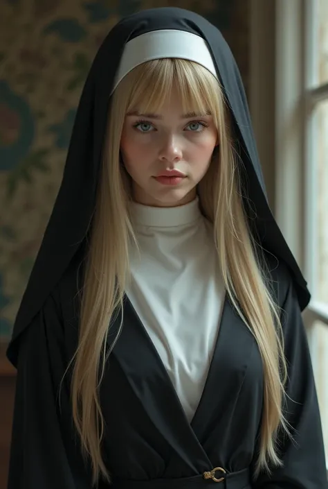 ( 21 years old).  Long blond haired woman with bangs, He has grey eyes. She's wearing a nun's habit .