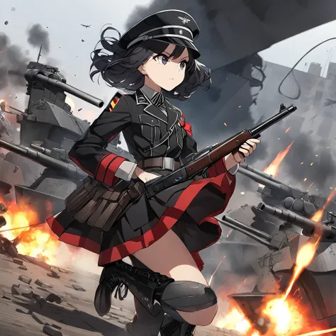 Girl, tall, flat chest, short wavy hair, black hair hair, light skin, dark eyes, black military tunic with red patches, black peaked cap with a red band, holding a Walther P38 pistol, dark skirt, black marching boots, waist belt, German, Schutzstaffel, gre...