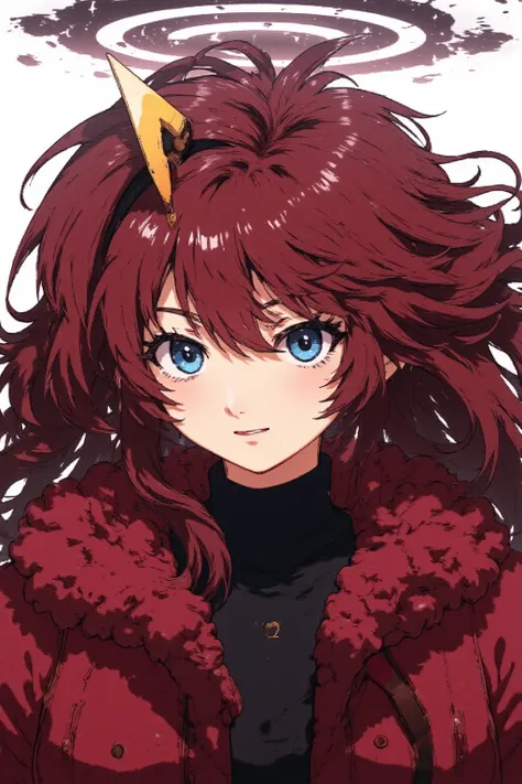 Girl with a neutral appearance ,  dark red long curly hair, Hair turned to the right, Blue eyes, Freckles around the eyes, A fluffy red coat over a black sweater, Gundam's yellow V-shaped blade antenna on the forehead, Halo floating above