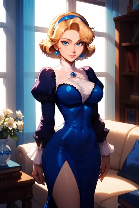 1girl, blonde_hair, solo, maria_robotnik, large_breasts, smile, blue_eyes, dress, hairband, window, indoors, looking_at_viewer, bookshelf, long_hair, vase, book, long_sleeves, flower, couch, blue_dress, puffy_sleeves, blue_hairband, curtains, closed_mouth,...