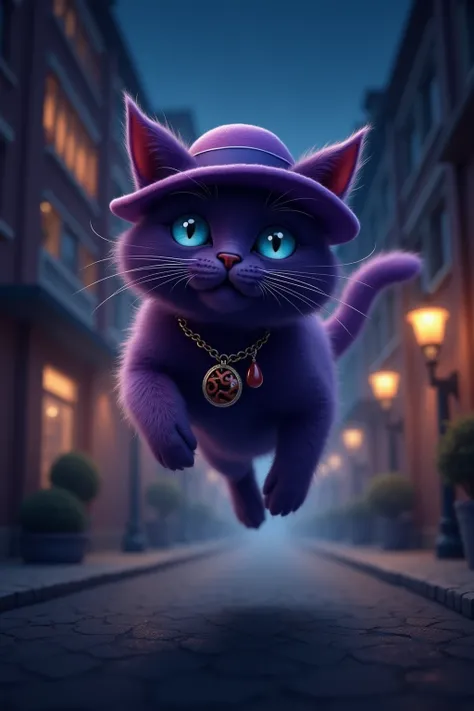 A cat flying down the street,  at night, with hat, purple cat, blue eyes, jewelry, Hyperrealism,  photorealistic ,  Image Fill, 