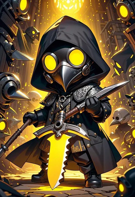 (masterpiece, best quality),(ultra highres, ultra-detailed),pop-style,chibi,chibi-boy,solo ,attack posture,,he holds a large mechanical saw,at medival Magical dungeon,BREAK (male scientist,(wearing plague-doctor costume,plague-doctor mask),eyes glow yellow...