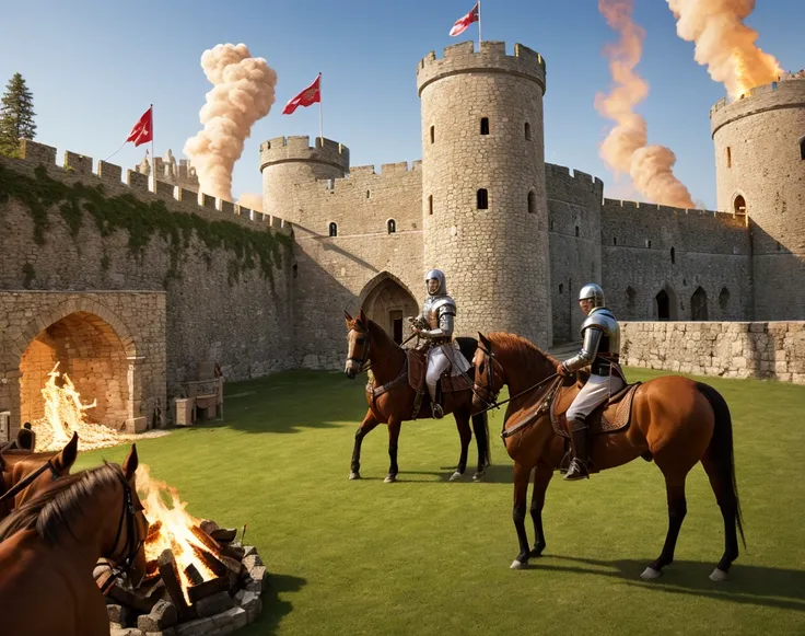  hyperrealistic,  maximum raw quality, besieged castle,  Arab knights in the castle towers with bows and arrows, Christian knights on horseback besieging the castle, Burning castle