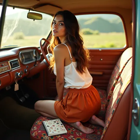 Mix between Selena Gomez and Jenna Ortega, masterpiece, ultra-realistic 8K. Éliana Morel exudes effortless beauty and freedom in this retro-inspired moment. Seen from behind, she kneels on the colorful patterned seat of a vintage car, her posture natural a...