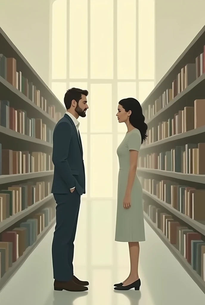 Minimalist and simple painting of a woman and a man making an eye to eye contact in a library