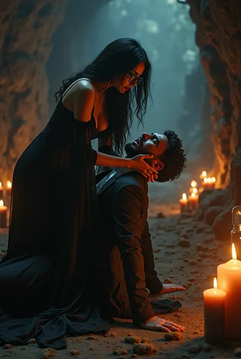 4k resolution hyper realistic image of a sexy and evil witch with long black hair and glasses wearing a sexy black dress, She is using a magic ritual and potions to transform a man into a demon, the man is down on his knees begging for his life, tears are ...