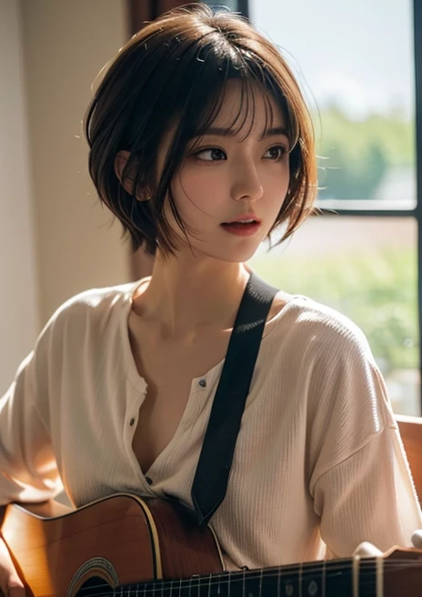 1 Gil, Higuchi Madoka,  short hair ,  hairstyles at their best,  medium bust ,  is present,  ultra detail, 8k, woman playing guitar
135mm focus, Wide angle, 