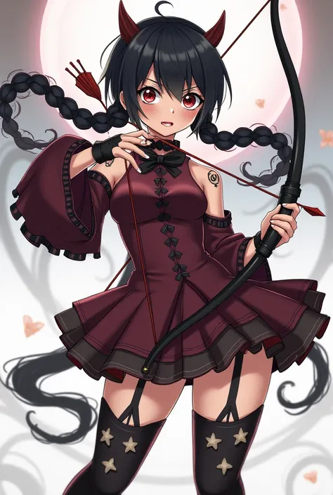  She has blood-red eyes ,  saw teeth and has braided black and burgundy hair with bangs ,  together with two long hair ties .  Her dress consists of a three parts ,  the first is a high-neck blouse that reveals the chest as well as its back ,  on the high ...