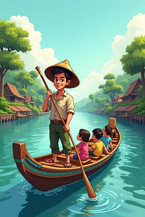 Create a cartoon of a Thai man who is a boatmaster 