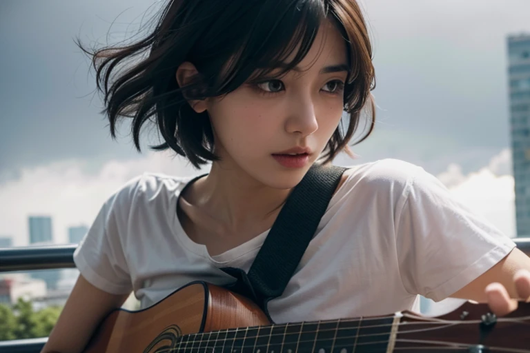 1 Gil, Higuchi Madoka,  short hair ,  hairstyles at their best,  medium bust ,  is present,  ultra detail, 8k, woman playing guitar，City buildings，In the Storm，Wide angle,  the whole body is shown